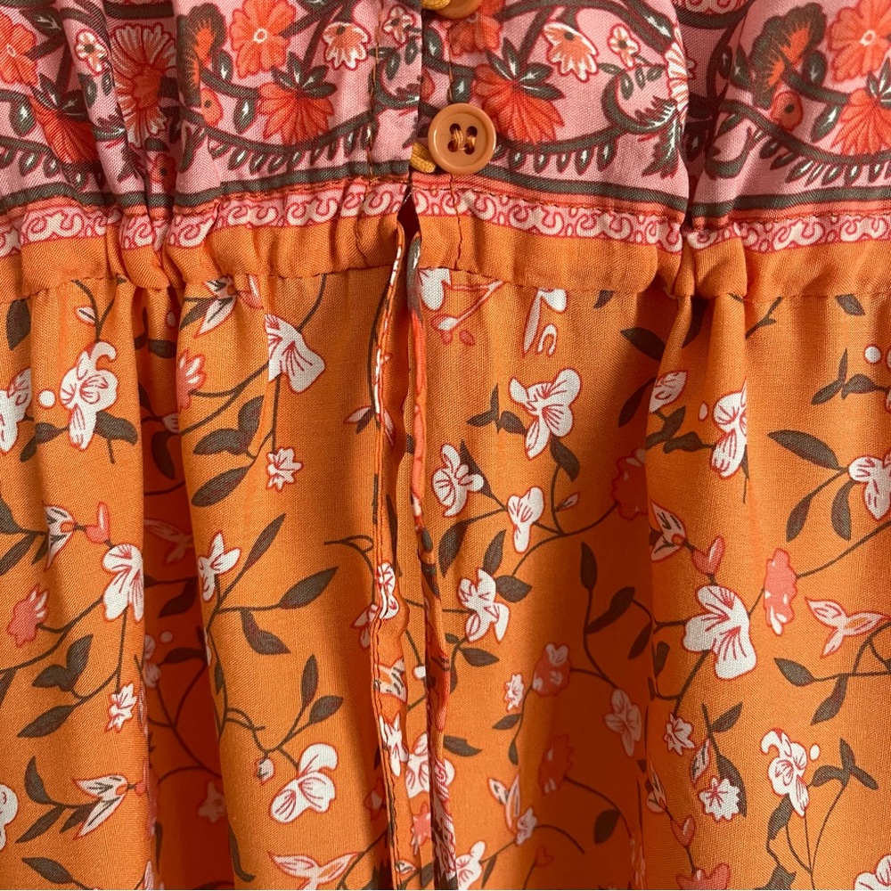 Boho Floral Print, Pleated V -Neck Lantern Sleeve Slim Waist Dress in Tangerine - Picture 7 of 11